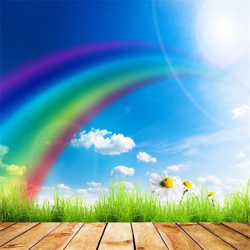 AOFOTO 5x5ft Spring Sunny Photography Backdrop Rainbow Green Grass Background Blue Sky White Cloud Floret Flower Newborn Toddler Kid Baby Girl Boy Artistic Portrait Photo Studio Props Easter Wallpaper - Image 1
